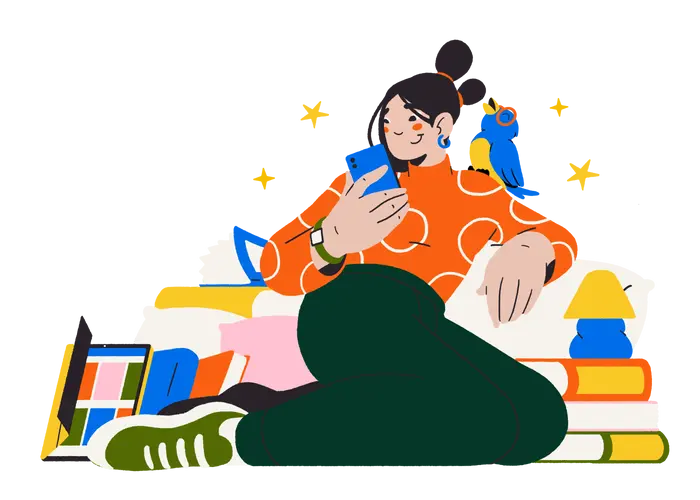 person sitting by books and looking at phone