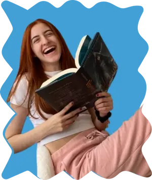 person reading book blue shape