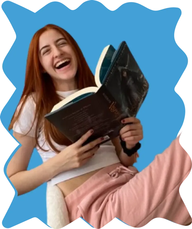 person reading book blue shape